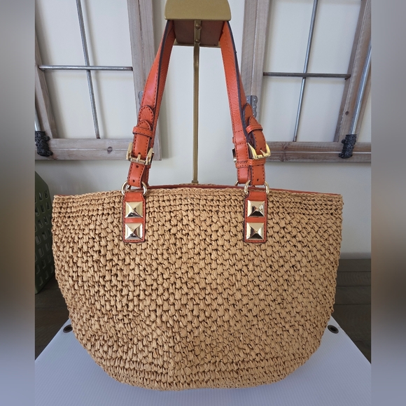 Michael Kors Santorini Raffia Basket Tote Tan Straw Tangerine Leather MK Charm - Picture 5 of 12